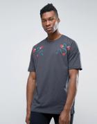 Asos Oversized T-shirt With Snake And Rose Shoulder Embroidery - Gray