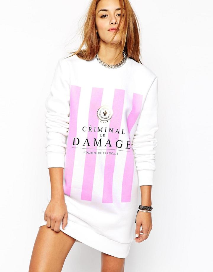 Criminal Damage Oversized Sweat Dress With Stripe Logo Detail - White