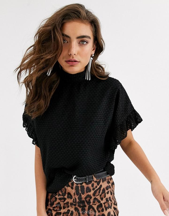 Object Pussy Bow Back Blouse With Ruffle Sleeve-black