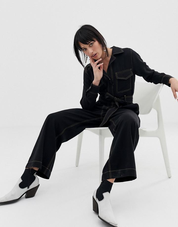 Mango Contrast Stitch Jumpsuit In Black - Black
