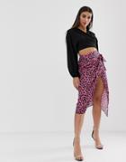John Zack Frill Midaxi Skirt With Thigh Split In Pink Splodge Print - Pink