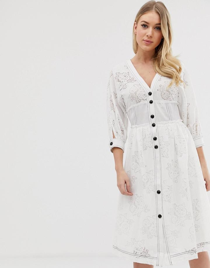 C By Cubic Embroidered Lace Midi Dress With Button Detail - White