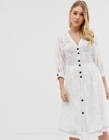 C By Cubic Embroidered Lace Midi Dress With Button Detail - White
