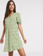 Vila Smock Dress With V Neck In Green Check And Floral-multi