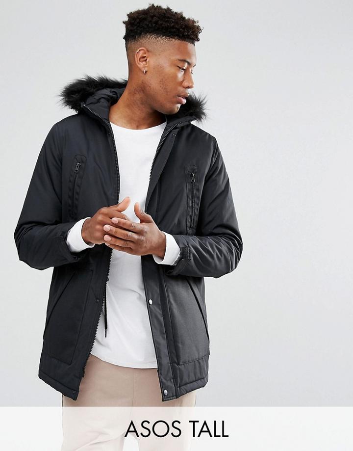 Asos Tall Parka Jacket With Faux Fur Trim In Black - Black