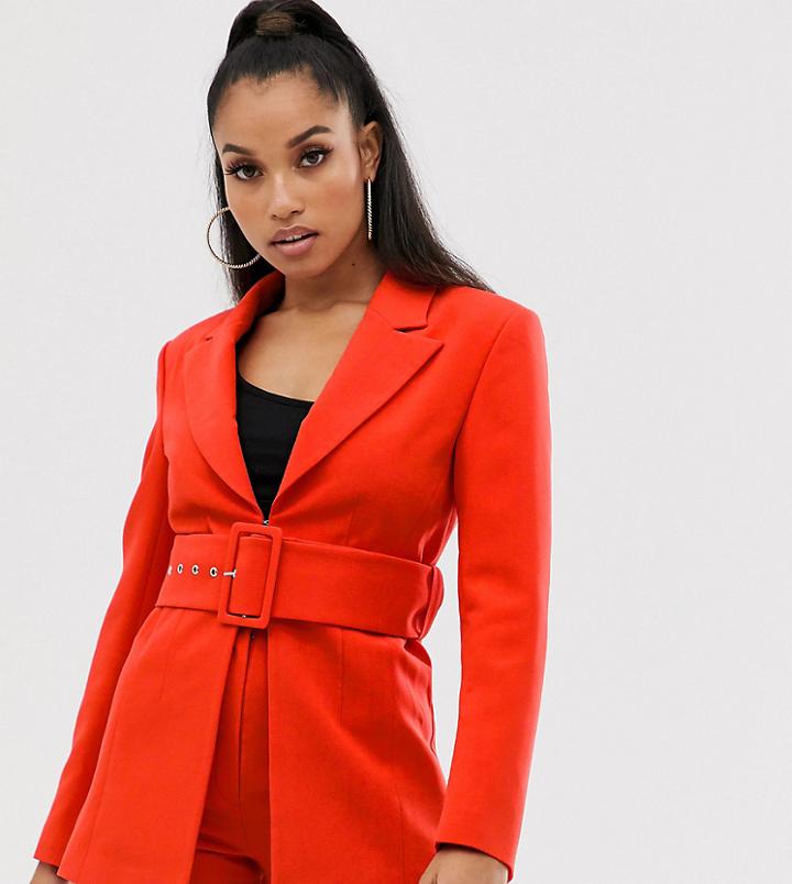 Club L London Petite Longline Blazer With Belt Detail In Blood Orange