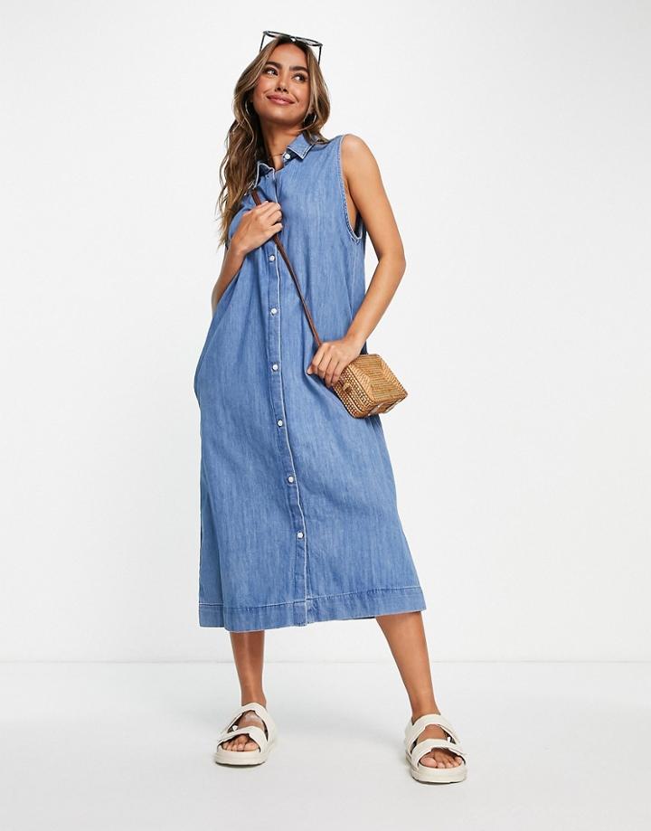 Monki Relaxed Sleeveless Button Down Midi Dress In Mid Wash Denim-blue