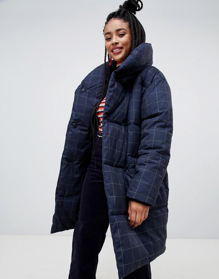 Monki Longline Grid Puffer Jacket - Navy