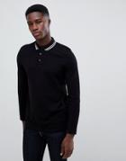 Asos Design Long Sleeve Pique Polo Shirt With Tipping In Black - Black