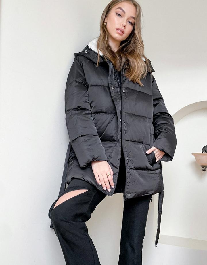 Asos Design Sateen Belted Puffer Jacket With Teddy Collar In Black-neutral