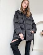 Asos Design Sateen Belted Puffer Jacket With Teddy Collar In Black-neutral