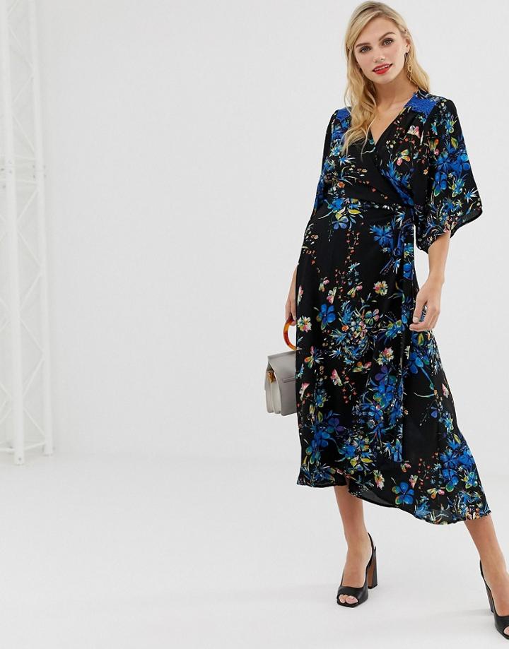 Liquorish Floral Wrap Front Midi Dress-multi