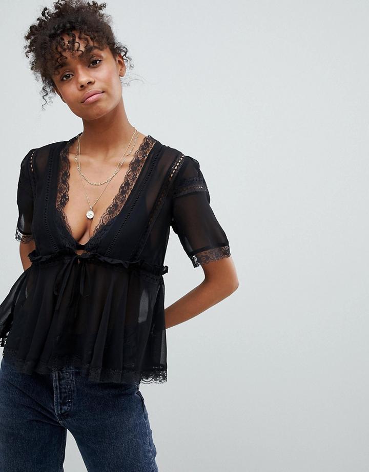 Asos Design Tie Front Blouse With Lingerie Detail - Cream