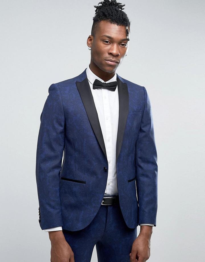 Noose & Monkey Super Skinny Tuxedo Suit Jacket In Paisley - Blue