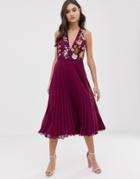 Asos Design Embroidered Midi Dress With Halter Neck And Pleated Skirt-multi