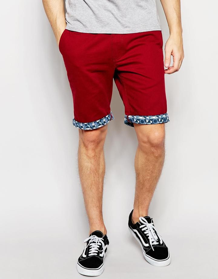 Bellfield Chino Shorts With Contrast Geo Print Turn Up - Red
