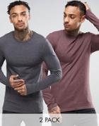 Asos 2 Pack Long Sleeve Extreme Muscle Fit T-shirt In Charcoal Marl/oxblood Marl Save - Multi