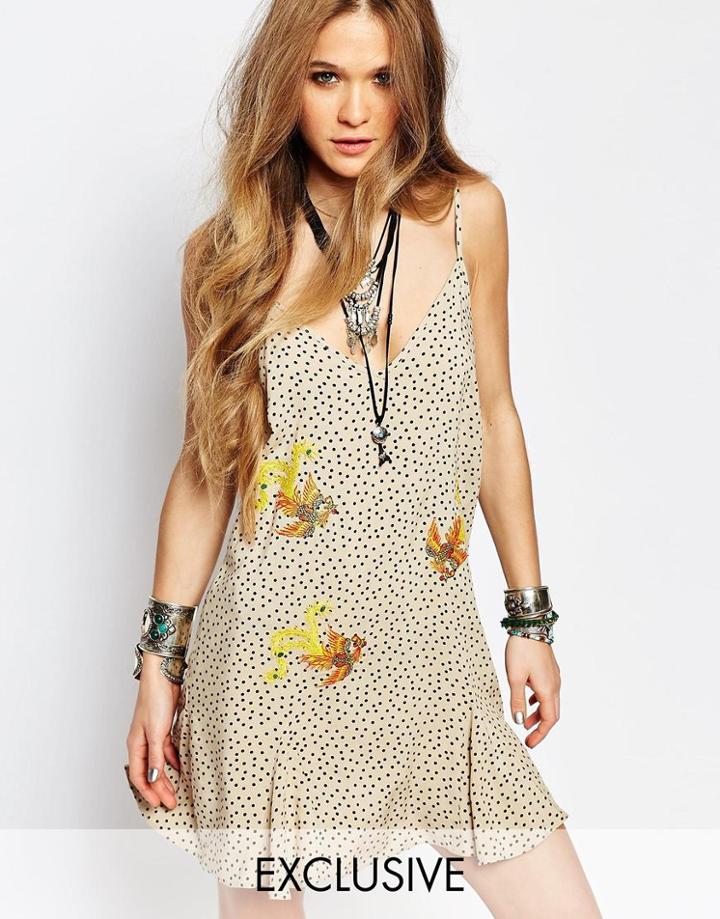 Reclaimed Vintage Flippy Cami Dress In Spot With Dragon Patches - Mono