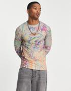 Asos Design Long Sleeve T-shirt In Multi Color Texture With Front Cut Out
