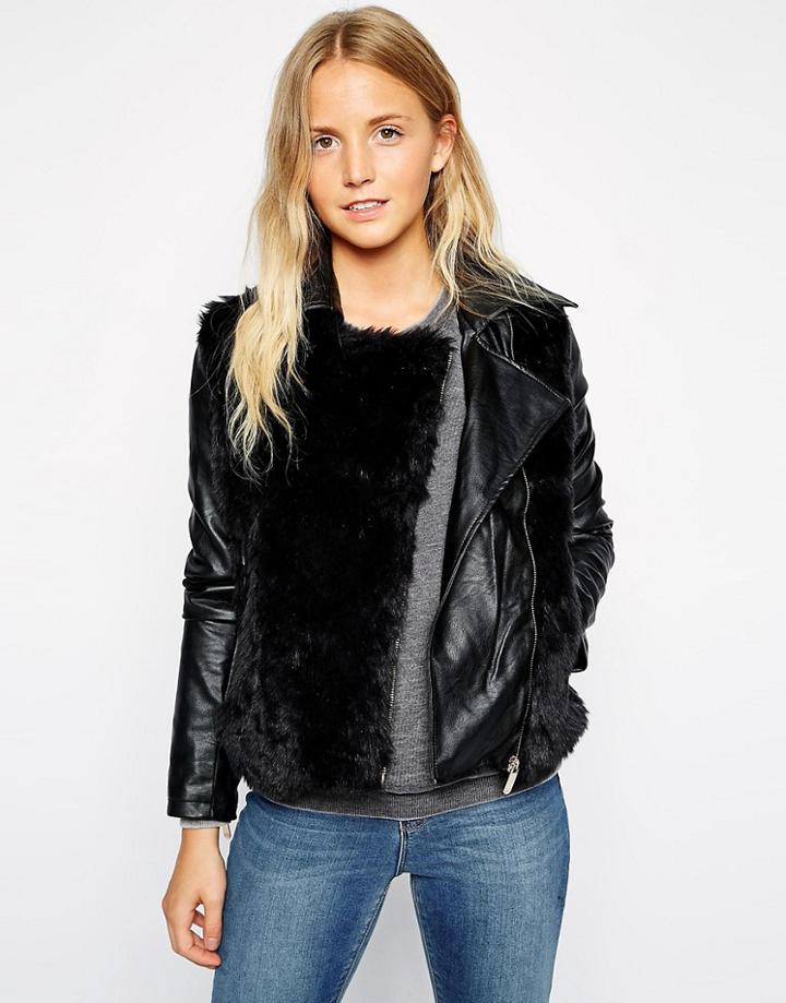 Brave Soul Biker Jacket With Faux Fur - Black