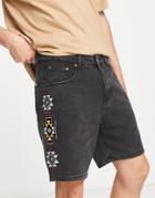 Liquor N Poker Shorts In Black Denim With Pattern Embroidery - Part Of A Set