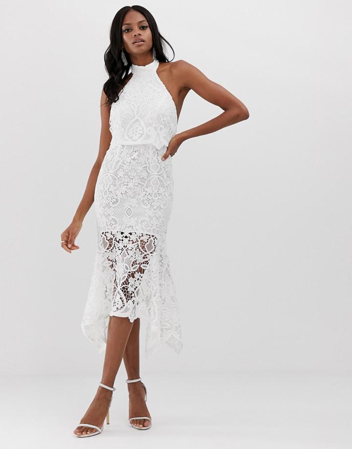 Asos Design High Neck Midi Dress In Guipure Lace And Peplum - White