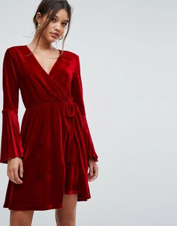 Aeryne Velvet Wrap Dress With Pleated Sleeves - Red
