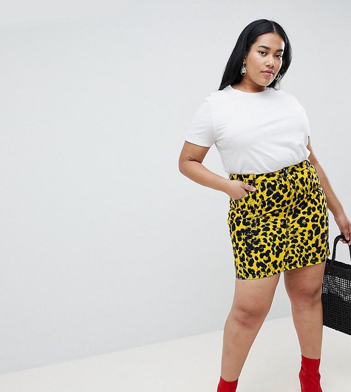 Asos Design Curve Denim Original Skirt In Leopard Print - Multi