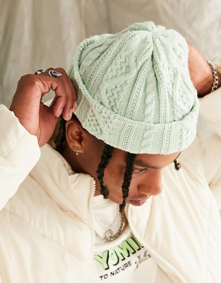 Asos Design Mini Fisherman Beanie In Green Cable Knit