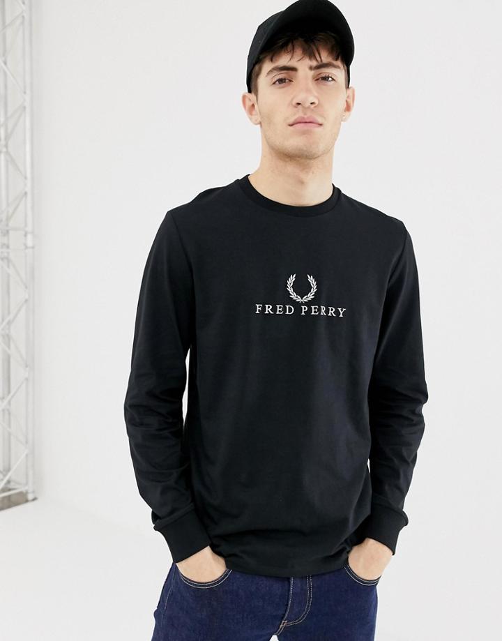 Fred Perry Long Sleeve Embroidered T-shirt In Black - Black