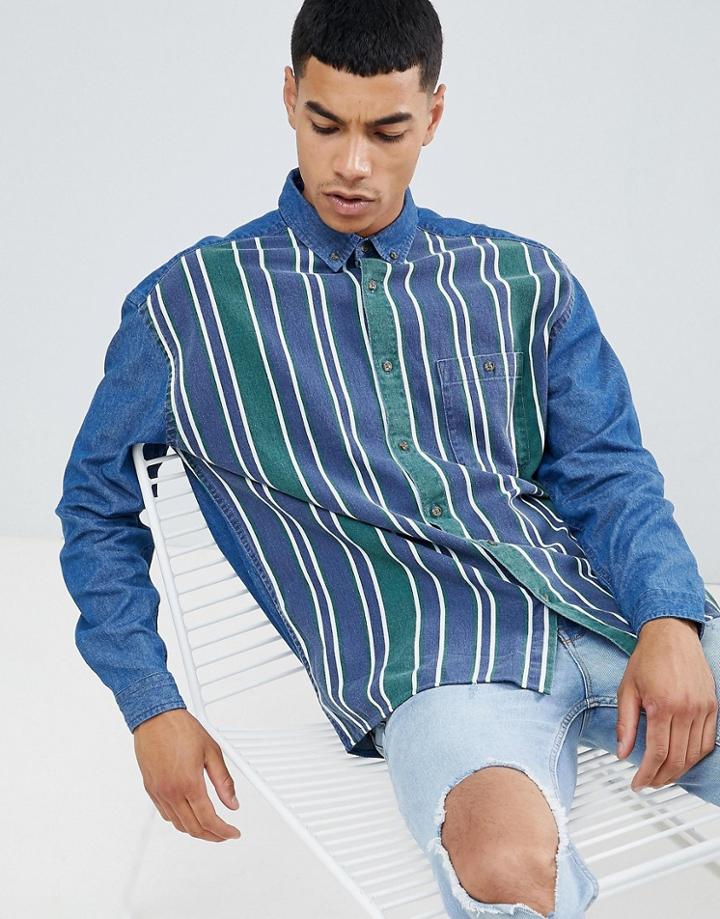 Asos Design Oversized Denim Shirt With Stripe Front - Blue