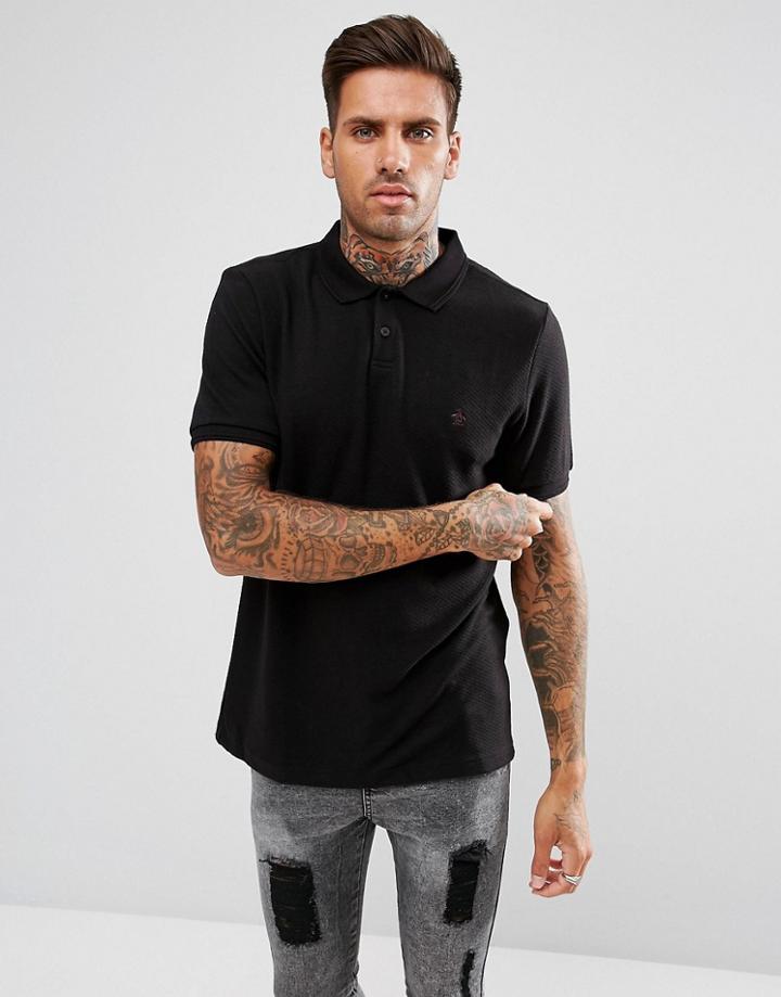 Original Penguin Waffle Polo Heritage Slim Fit In Black - Black