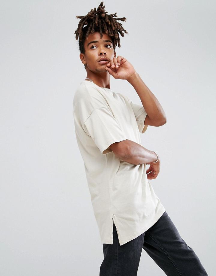 Asos Oversized T-shirt With Raw Edges And Side Splits - Beige