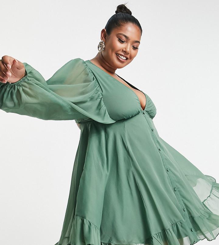 Asos Design Curve Button Detail Mini Dress With Blouson Sleeve In Sage-green
