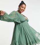 Asos Design Curve Button Detail Mini Dress With Blouson Sleeve In Sage-green