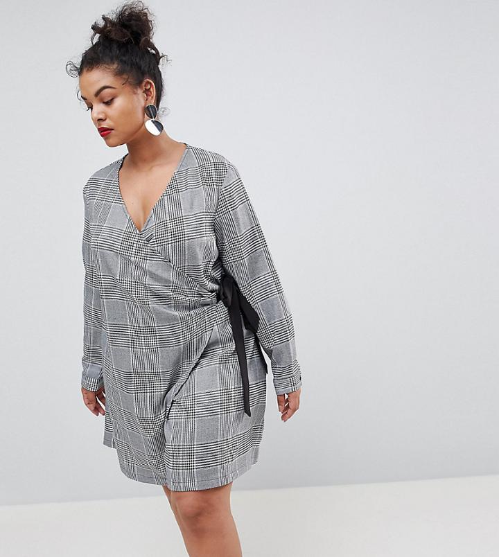Unique 21 Hero Plus Wrap Dress With Tie Waist In Prince Of Wales Check - Gray