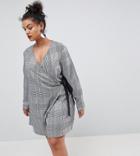 Unique 21 Hero Plus Wrap Dress With Tie Waist In Prince Of Wales Check - Gray
