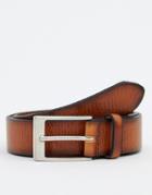 Asos Design Leather Slim Belt In Tan With Edge Emboss