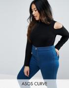 Asos Curve Top With Cold Shoulder And High Neck In Clean Rib - Black