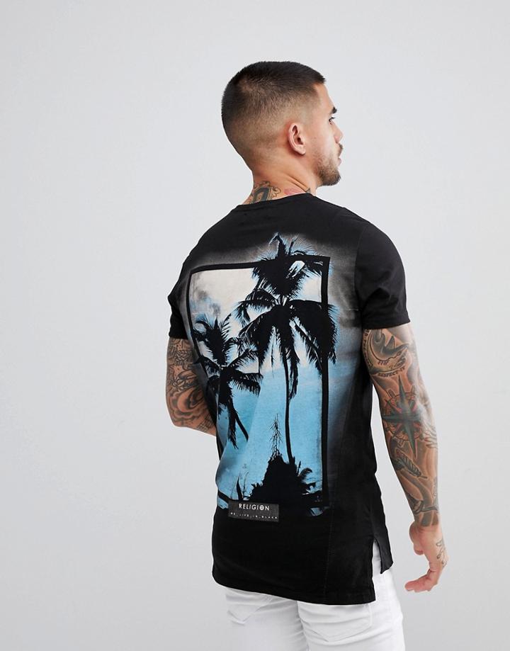 Religion Stepped Hem T-shirt With Palm Tree Back Print - Black