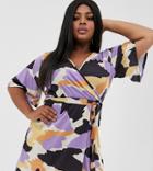 Pink Clove Wrap Front Dress With Tie Waist And Flutter Sleeve In Abstract Print - Multi