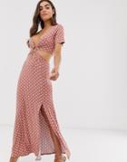 Asos Design Polka Dot Maxi Dress With Cut Out Waist And Ring Detail - Multi