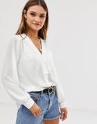 Asos Design Long Sleeve Blouse With Pocket Detail-white