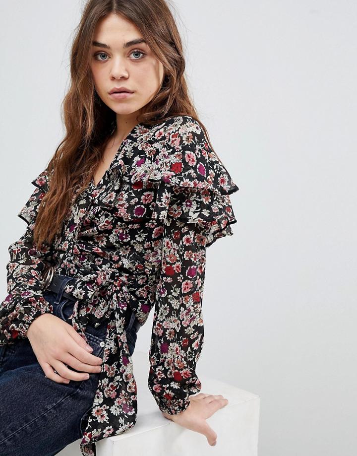 New Look Floral Print Wrap Top - Black