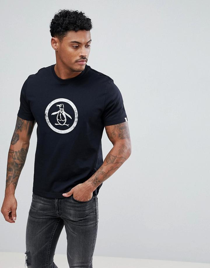 Original Penguin Distress Circle Logo Slim Fit T-shirt In Black - Black