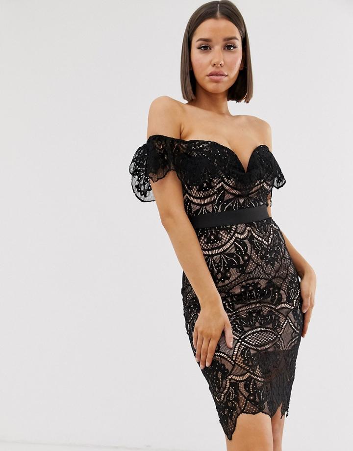 Rare Bardot Lace Midi Dress In Black/soft Pink - Black