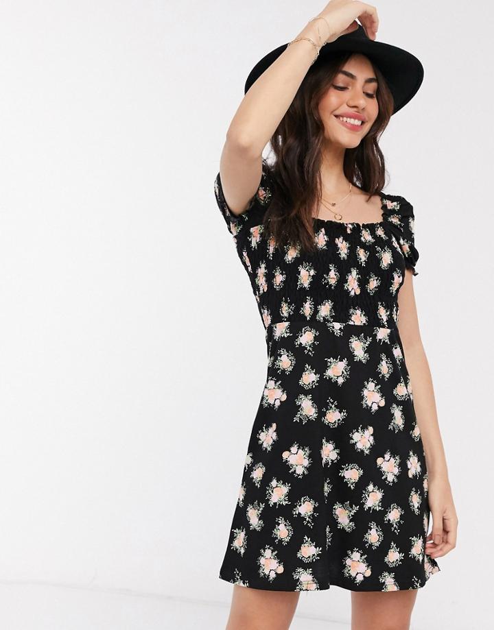 Miss Selfridge Tea Dress With Puff Sleeves In Black Floral