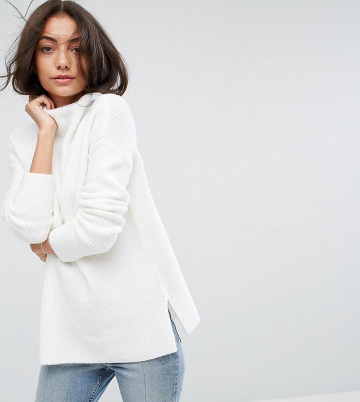 Asos Tall Chunky Sweater With Turtleneck In Fluffy Yarn - White