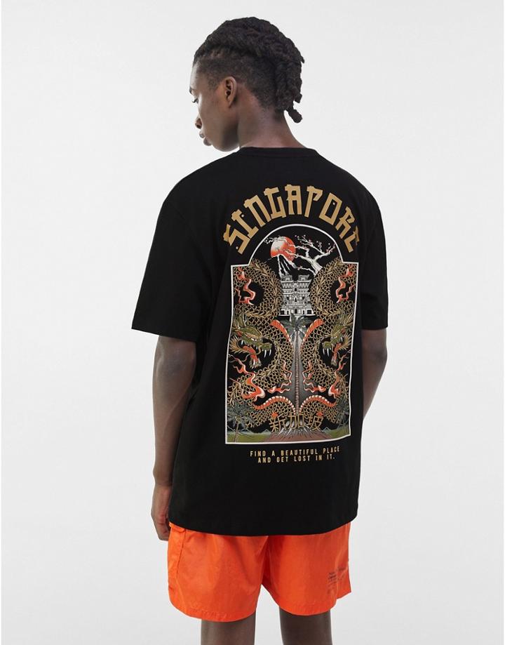 Bershka Oversized T-shirt With Singapore Back Print In Black-white