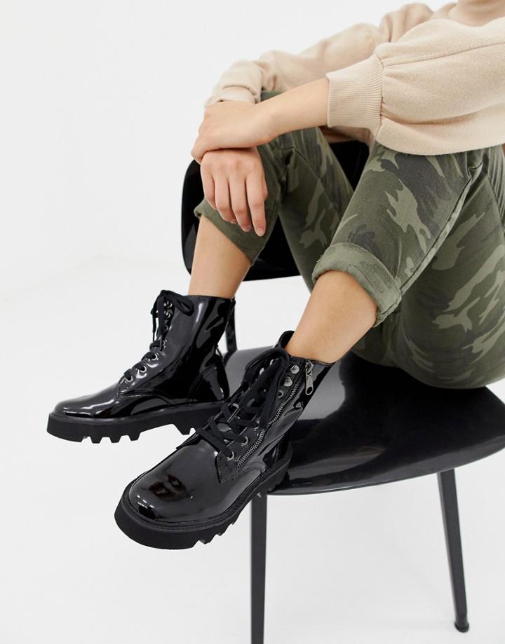 Calvin Klein Diahne Black Patent Leather Ankle Lace Up Boots With Zip Front Detail